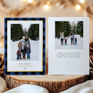 Modern BLUE Buffalo Plaid Christmas Two Photos Foil Holiday Card