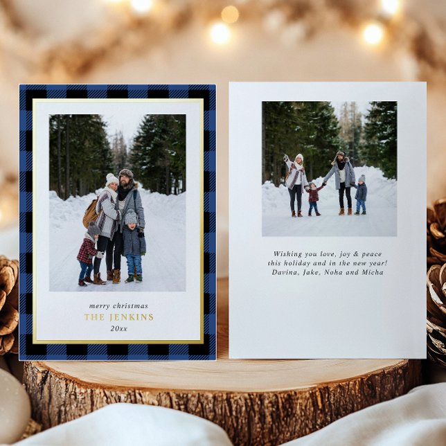 Modern BLUE Buffalo Plaid Christmas Two Photos Foil Holiday Card (Creator Uploaded)