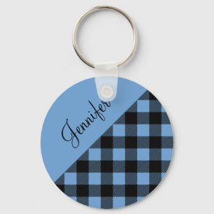 Modern Blue Buffalo Plaid Name Keychain