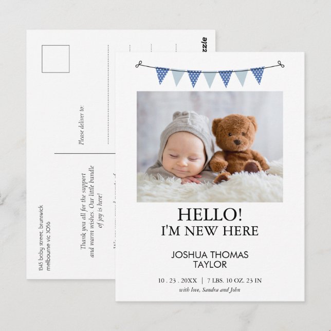 Modern Blue Bunting Flag Birth Announcement Postcard (Front/Back)