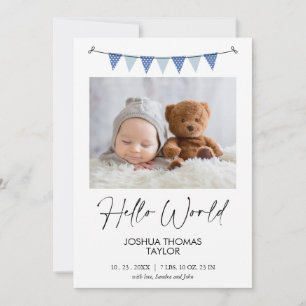 Modern Blue Bunting Flag Hello Birth Announcement
