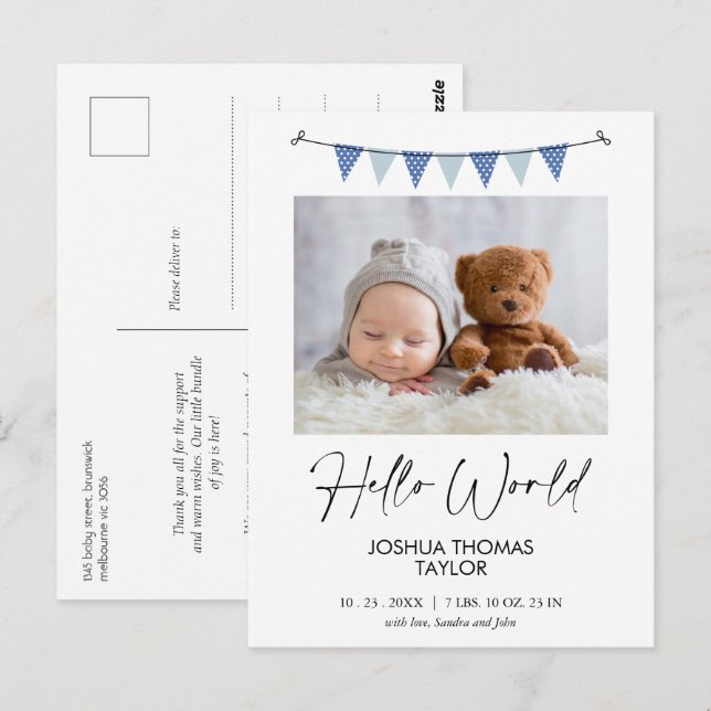 Modern Blue Bunting Flag Hello Birth Announcement Postcard (Front/Back)