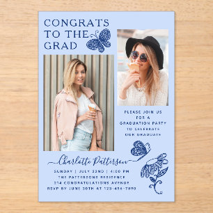 Modern Blue Butterfly Photo Graduation Party Acrylic Invitations