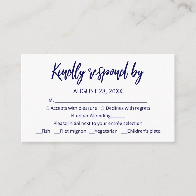 Modern Blue Calligraphy RSVP Response Enclosure Card (Front)