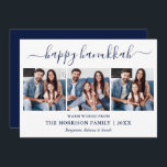Modern Blue Calligraphy Script Hanukkah 3 Photo  Holiday Card<br><div class="desc">Modern Trendy Calligraphy Script 3 Photo Family Photo Collage Happy Hanukkah Card - Navy Blue</div>