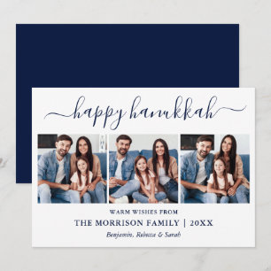 Modern Blue Calligraphy Script Hanukkah 3 Photo  Holiday Card