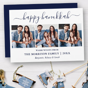 Modern Blue Calligraphy Script Hanukkah 3 Photo Holiday Card