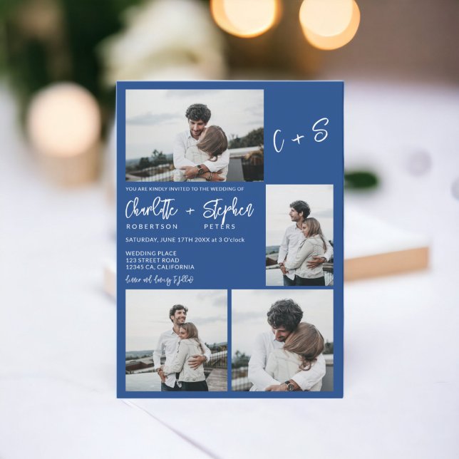 Modern blue casual initials 5 photos wedding invitation (Modern blue casual initials 5 photos wedding invitation)