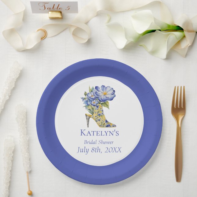 Modern Blue Chinoiserie High-Heel Shoe Paper Plate (Wedding)