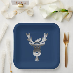 Modern Blue Christmas Faux Silver Reindeer Paper Plate