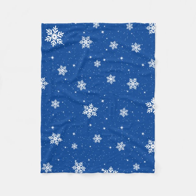 Modern Blue Christmas Stars Snowflakes Pattern Fleece Blanket (Front)