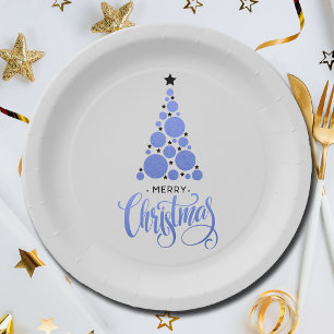 Modern Blue Christmas Tree Holiday Paper Plate