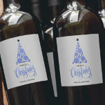 Modern Blue Christmas Tree Holiday Wine Label<br><div class="desc">Modern blue tree,  black stars,  Merry Christmas and your names in chic lettering on a barely grey background,  personalize these wine bottle labels to serve at your holiday party or to give as gifts or party favours for business gifts,  corporate gifts. CHANGE the background colour to anything.</div>