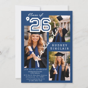 Modern blue Class of 2026 3-Photo Graduation Invi Invitation