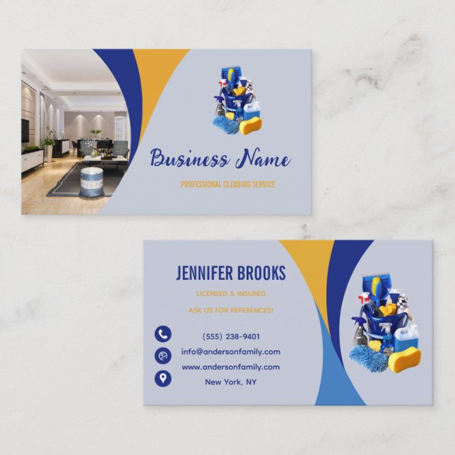 Modern Blue Cleaning Service Housekeeper Maid Business Card (Front/Back)