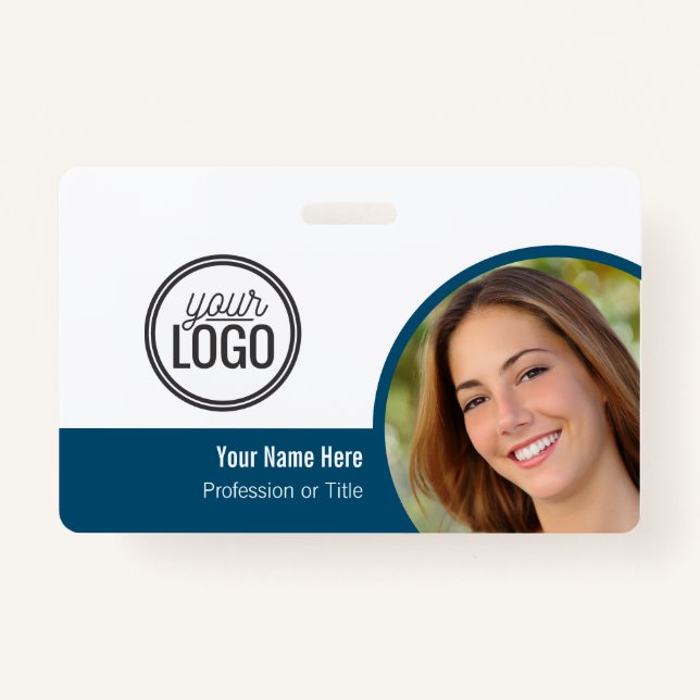 Modern Blue Colour Block Photo Name Tag Badge (Front)