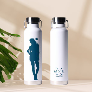 Modern Blue Colour Female Golfer Monogram Water Bottle