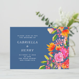 Modern Blue Colourful Floral Garden Wedding Invitation