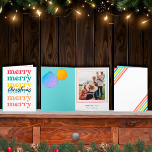 Modern Blue Colourful Merry Christmas One Photo Card