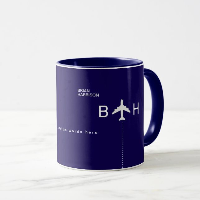 Modern Blue Combo Mug with Airplane Monogram (Front Right)