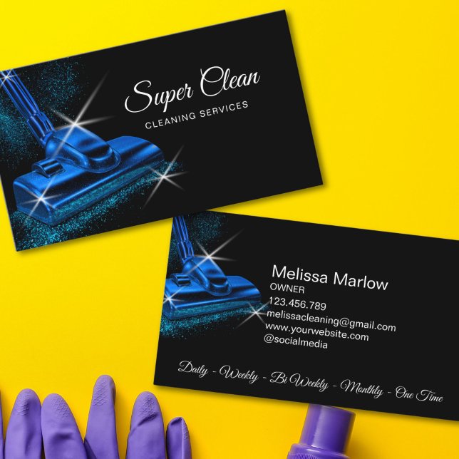 Modern Blue Commercial House Cleaning Service Business Card (MODERN BLUE GLITTER VACUUM CLEANER BUSINESS CARD)