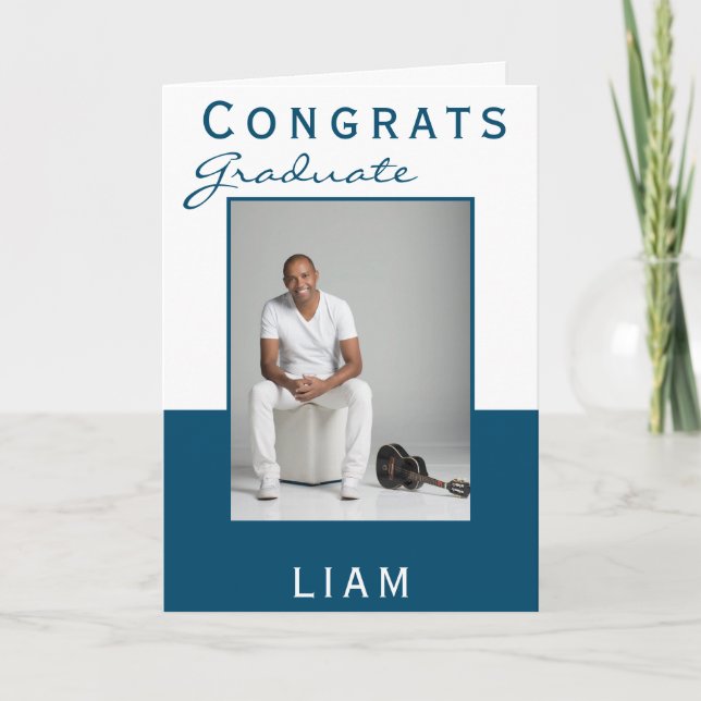 Modern Blue Congrats Graduate Graduation Photo Card (Front)