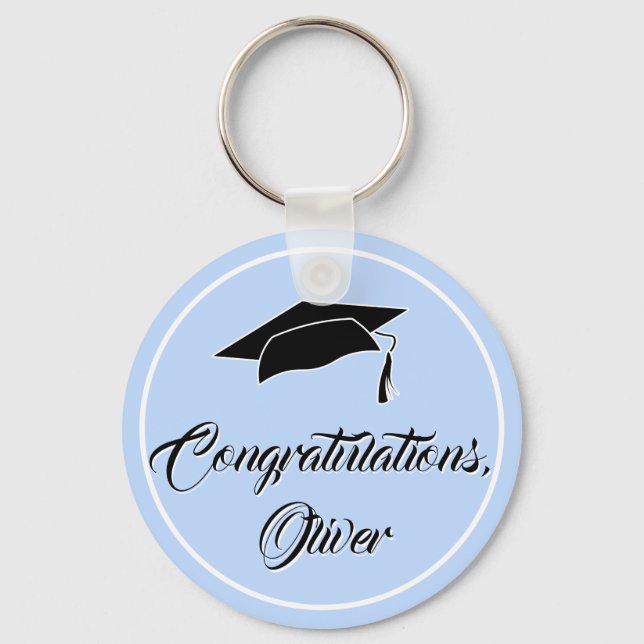 Modern Blue Congratulations Script Graduation Keychain (Front)