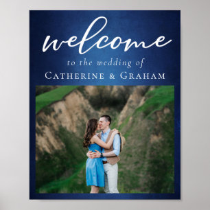 Modern Blue Couple Photo Evening Wedding Welcome Poster