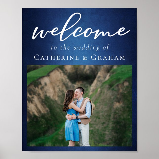 Modern Blue Couple Photo Evening Wedding Welcome Poster (Front)