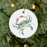 Modern Blue Crab Coastal Christmas Ornament<br><div class="desc">This modern acrylic Christmas ornament features the words Merry Christmas on the back with a replica of my original coastal blue crab art. The type is set in a fun hand lettered typography over a solid blue background. Customize this round ornament with your names to create a unique keepsake for...</div>