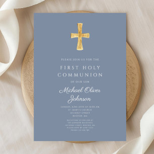Modern Blue Cross Religious Boy First Communion Invitation