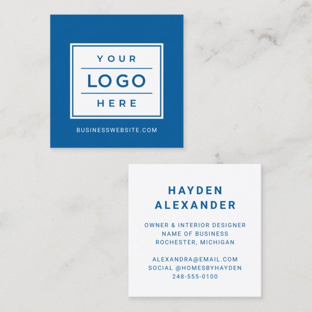 Modern Blue Custom Business Logo Square Business Card (Front/Back)