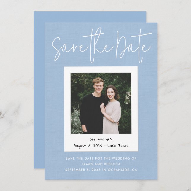 Modern Blue Custom Engagement Photo Save the Date Invitation (Front/Back)