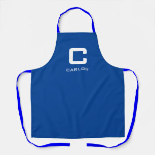 Modern blue custom name monogram kitchen and bbq apron