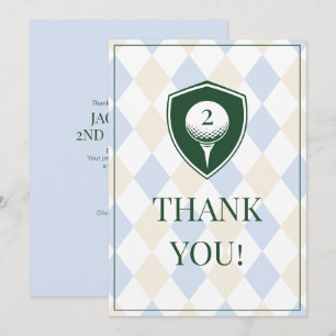 Modern Blue Cute Golf Boys 2nd Birthday Party Thank You Card