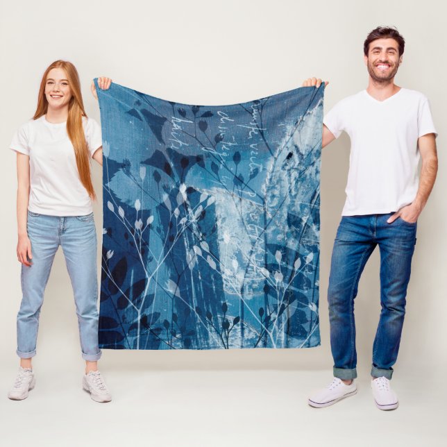 Modern Blue Cyanotype Botancial Foliage  Fleece Blanket (In Situ)