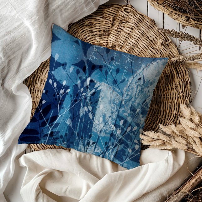 Modern Blue Cyanotype Botancial Foliage  Throw Pillow (Creator Uploaded)