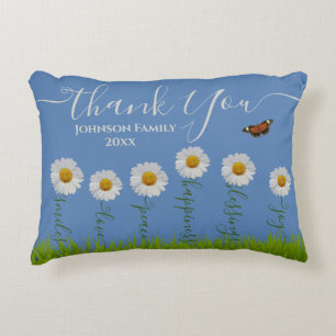 Modern Blue Daisy Floral Thank You Typography Accent Pillow