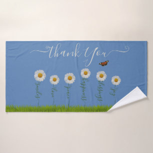 Modern Blue Daisy Floral Thank You Typography Bath Towel