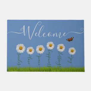 Modern Blue Daisy Floral Thank You Typography  Doormat