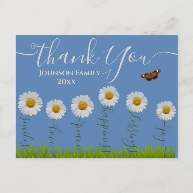 Modern Blue Daisy Floral Thank You Typography  Postcard (Front)