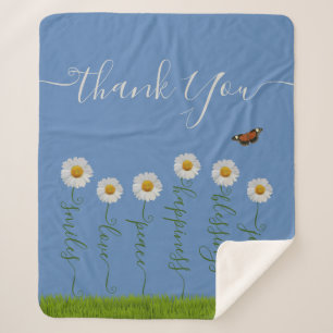 Modern Blue Daisy Floral Thank You Typography Sherpa Blanket