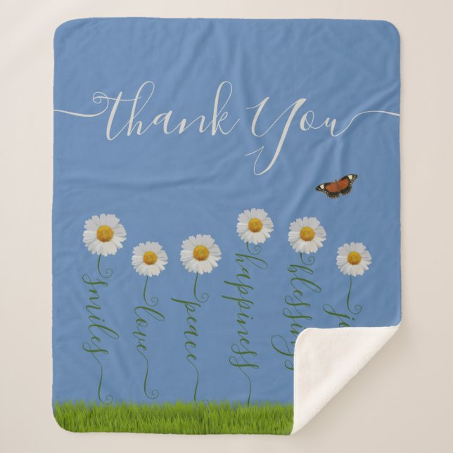 Modern Blue Daisy Floral Thank You Typography  Sherpa Blanket (Front)