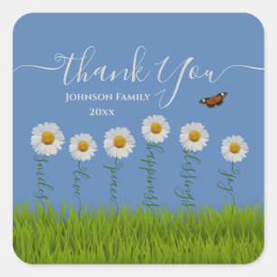 Modern Blue Daisy Floral Thank You Typography Square Sticker