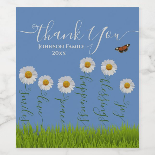 Modern Blue Daisy Floral Thank You Typography  Wine Label (Single Label)