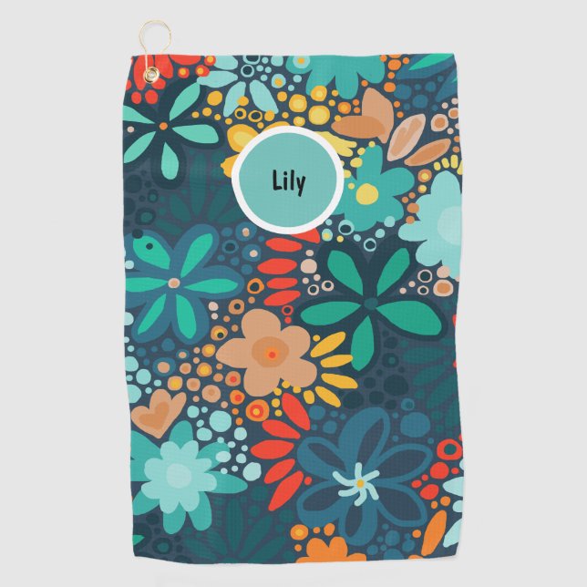 Modern blue dark floral golf towel (Front)