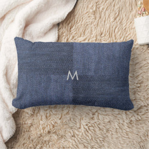 Modern blue denim jeans pattern monogrammed lumbar pillow