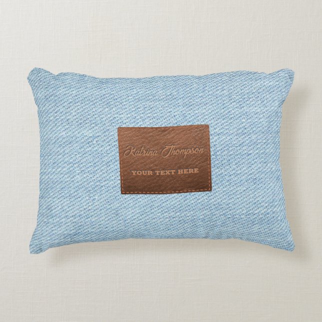 Modern Blue Denim Jeans Texture Leather Patch  Accent Pillow (Front)