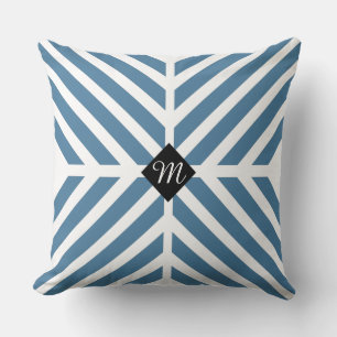Modern Blue Diagonal Stripes Monogram Initial Throw Pillow