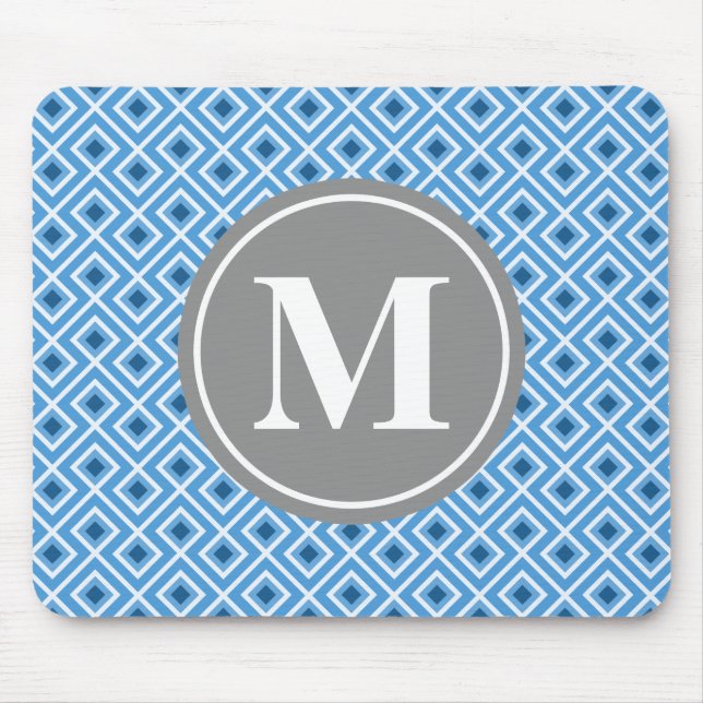 Modern Blue Diamond Graphic Pattern Monogram Mouse Pad (Front)